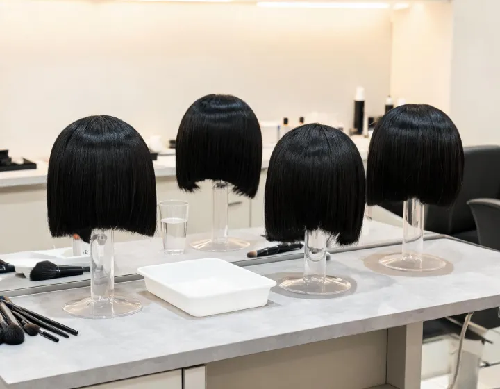 black bob wig on a cosmetics bench, illustration only