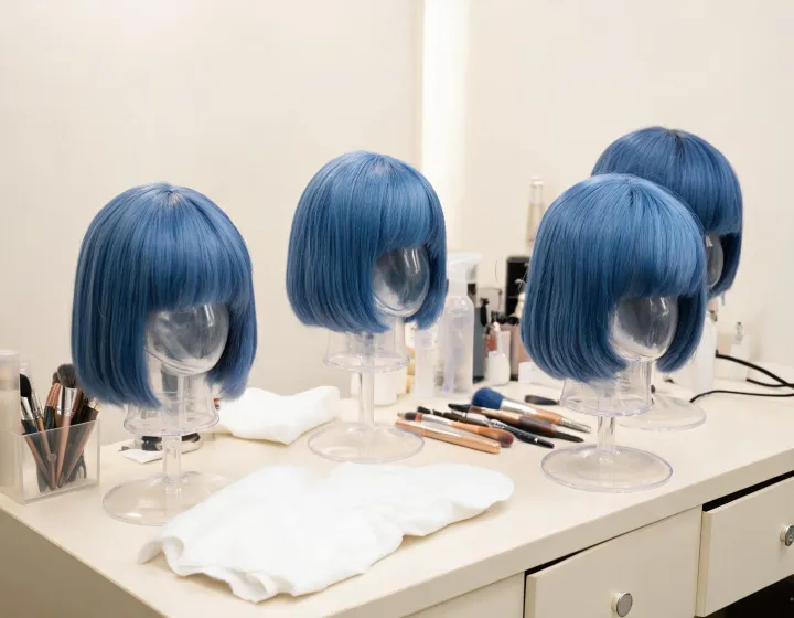 blue bob wig on a cosmetics bench, illustration only