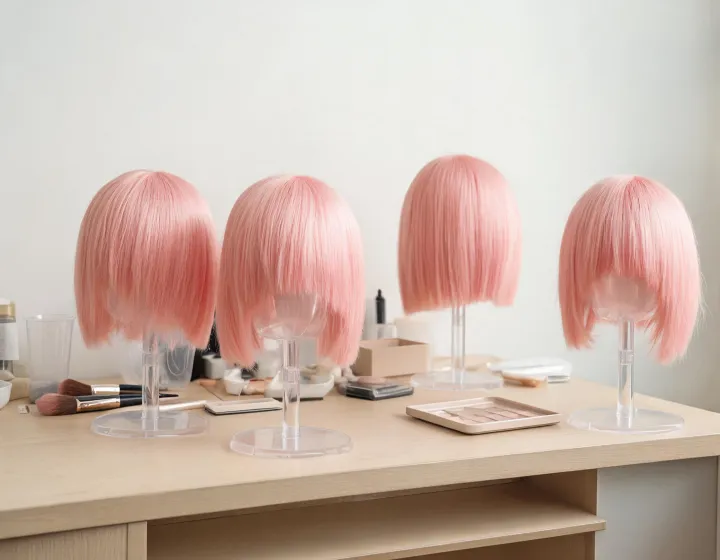 pink bob wig on a cosmetics bench, illustration only